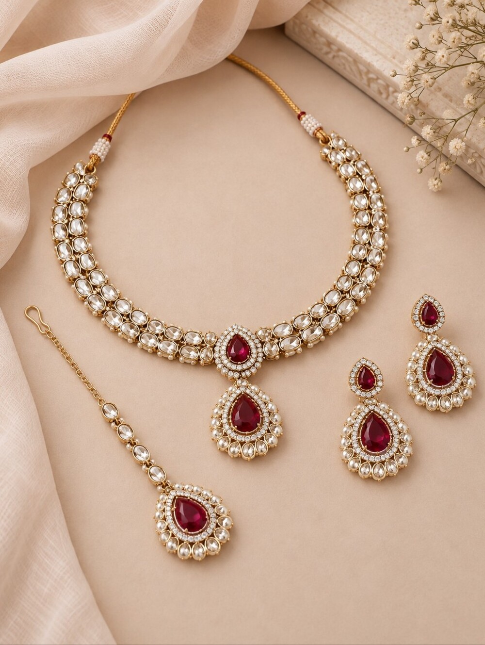 Ruby Zircon Polki Necklace Set with Earrings & Maang Tikka